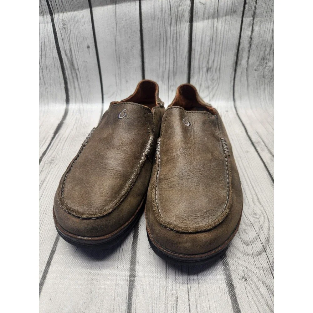 OluKai Moloa Shoes Men's 8.5 Brown Leather Slip On Casual Loafers Moccasin